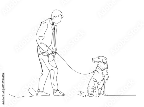 owner dog fun walk love one line art design vector