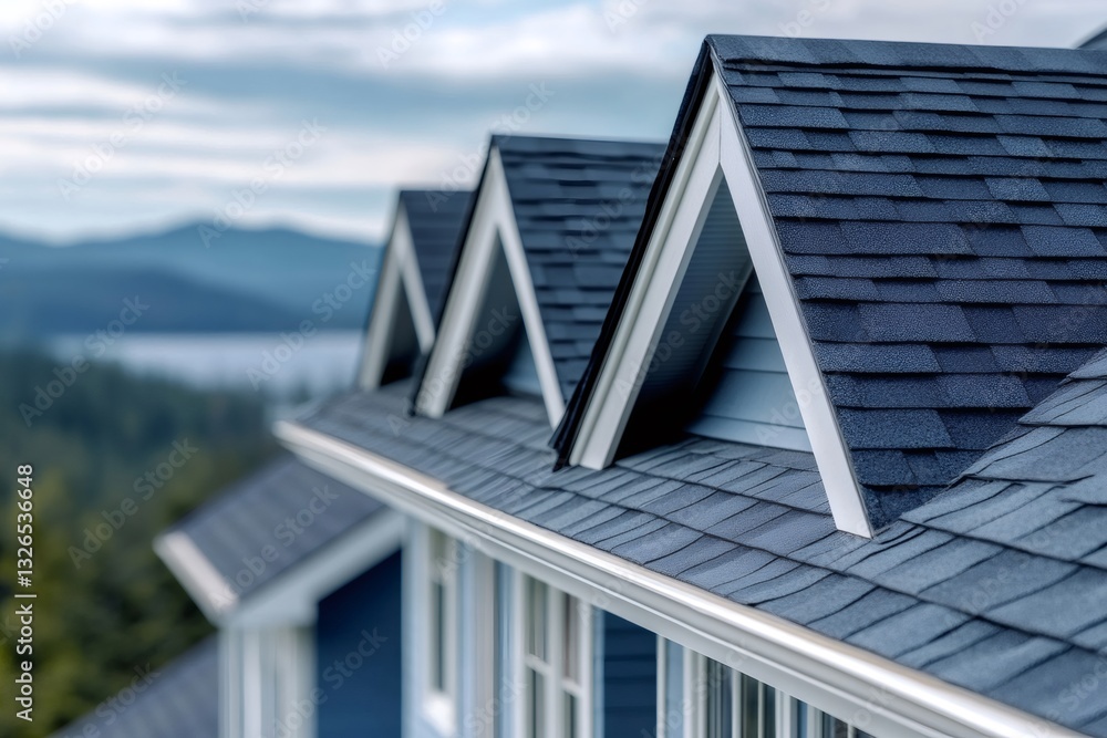 New asphalt shingles roofing covering dormer windows overlooking scenic lake and mountains New asphalt shingles roofing covering dormer windows overlooking scenic lake and mountains