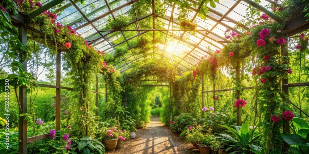 Overgrown trellis in a lush green house surrounded by verdant vines and blooming flowers Overgrown trellis in a lush green house surrounded by verdant vines and blooming flowers
