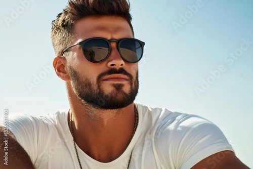Handsome bearded man wearing sunglasses enjoying summer sun