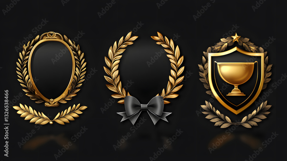 Realistic Set of Prize Emblems with Laurel and Wreath Graphic Elements Realistic Set of Prize Emblems with Laurel and Wreath Graphic Elements