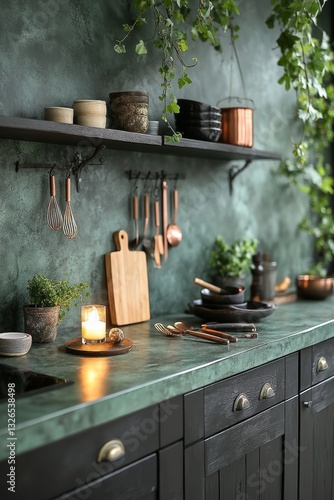 Green kitchen with rustic decor and copper accents