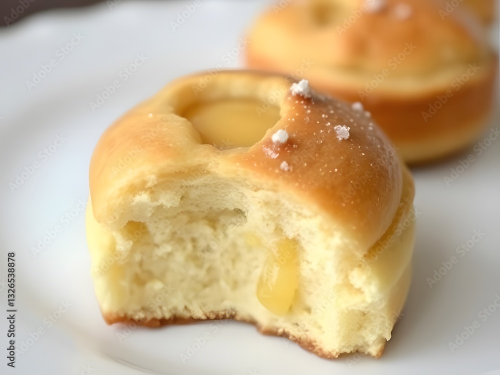 Close-up of Delicious Lemon Filled Brioche Buns with Sugar Crystals, Baked Goods on White Plate. Close-up of Delicious Lemon Filled Brioche Buns with Sugar Crystals, Baked Goods on White Plate.