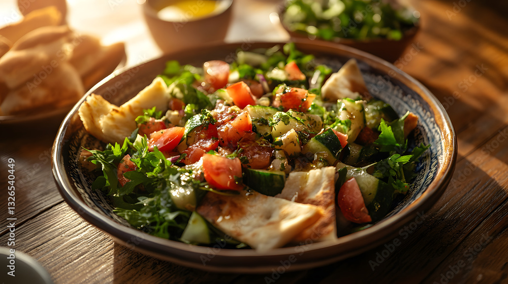 Delicious Mediterranean Salad with Pita Bread in Rustic Setting Delicious Mediterranean Salad with Pita Bread in Rustic Setting