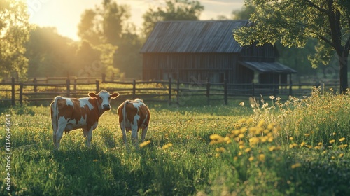 Herd of cows grazing in a pasture field at sunset.	