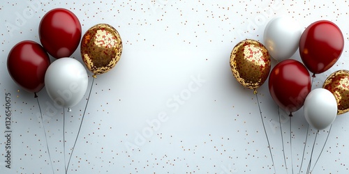 a birthday card with white, red and gold colors, some balloons on a white background, 