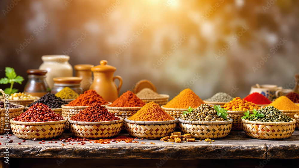 Vibrant Spices in Traditional Jars on Wooden Shelf Boost Cooking Flavor Vibrant Spices in Traditional Jars on Wooden Shelf Boost Cooking Flavor