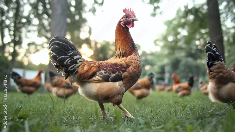 Fototapeta premium Free-range rooster and hens on green grass in farm yard. Colorful chickens enjoying outdoor natural environment, showcasing organic farming and sustainable poultry raising practices.