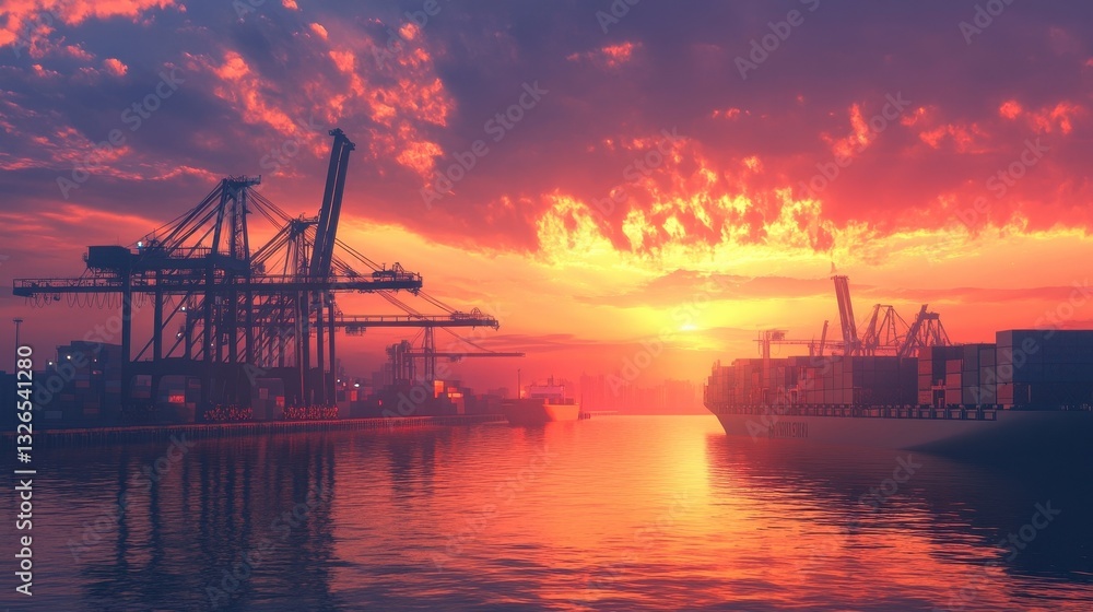 Fototapeta premium Sunset at Cargo Port Scene