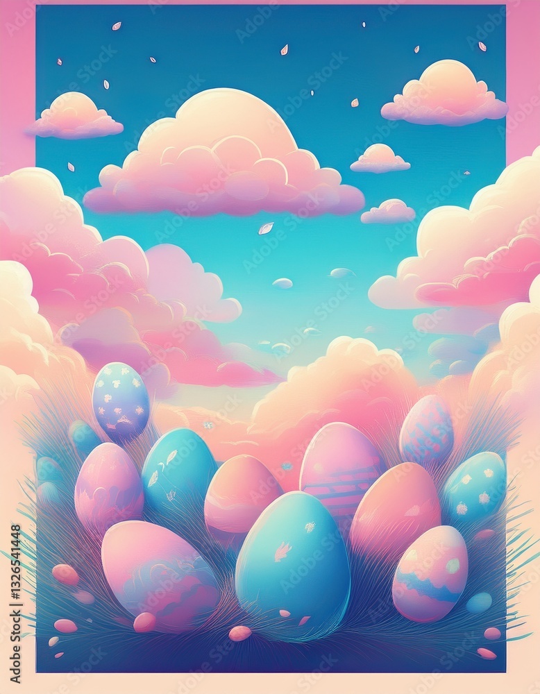 whimsical Easter sky poster with floating eggs and gentle clouds in soft blues and pinks
whimsical Easter sky poster with floating eggs and gentle clouds in soft blues and pinks