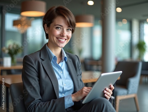 stock photo of a young, smiling, Caucasian business woman in her late 20s to early 30s, with short, stylishly cut brown hair and subtle, natural makeup, wearing a crisp