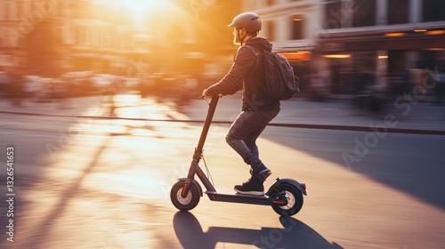 Young man riding electric scooter in city during golden hour