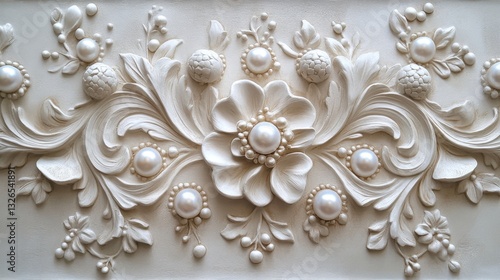 Elegant floral clay relief adorned with pearls on a pristine white wall, showcasing intricate craftsmanship and artistry
