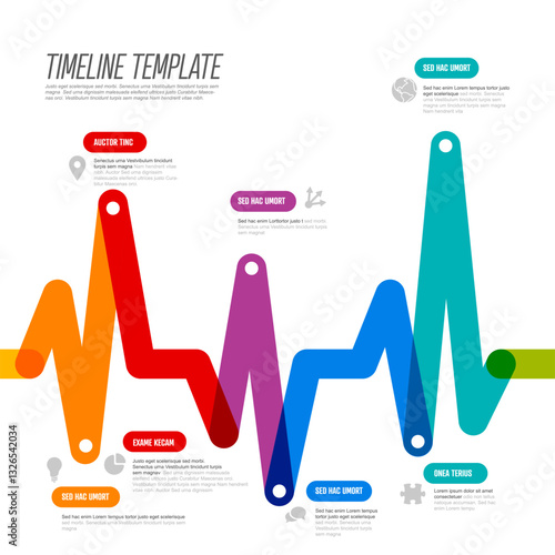 This graphic showcases a colorful timeline template with a wave-like design. It features multiple sections marked by colored points for organizing information visually and creatively.