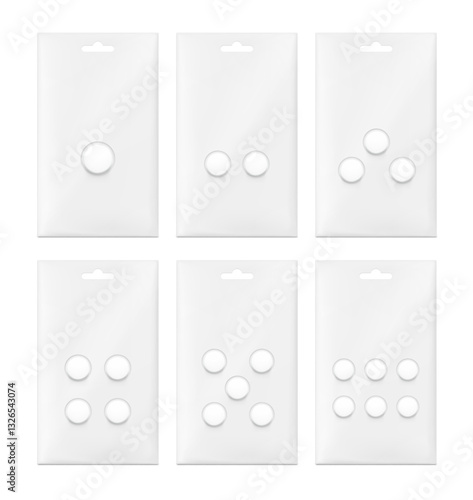 Hang blister packaging for single dose treatment mockup. Flat lay view. Vector illustration isolated on white background. Ready for your design, presentation, promo, ad. EPS10.