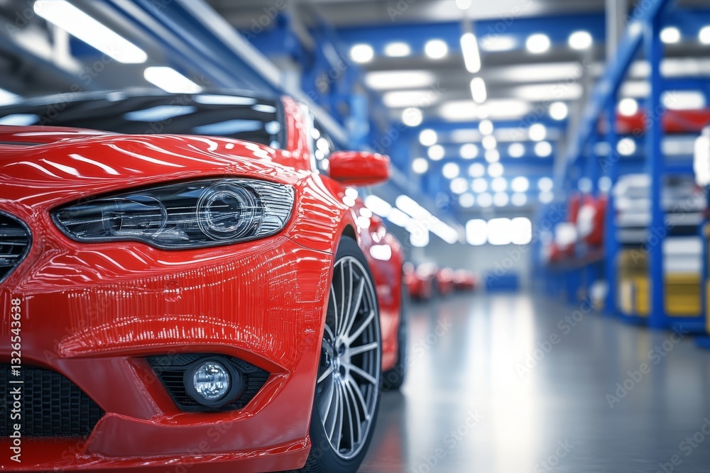 Close up of a red car in a service center with a modern warehouse background and production line Close up of a red car in a service center with a modern warehouse background and production line