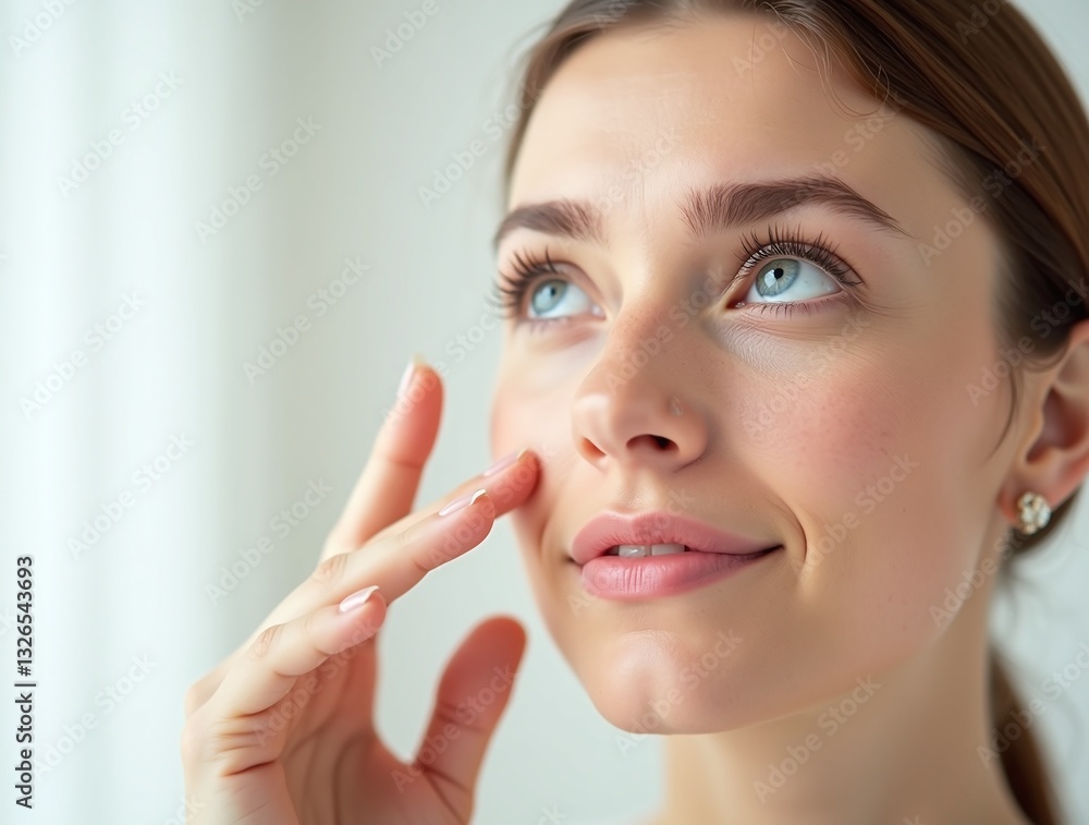 photo of a young European woman with a slight smile, pointing to the wrinkles on her upper eyelid with her index finger, gently touching her face with a concerned expression.