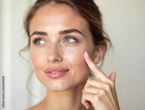 photo of a young European woman with a slight smile, pointing to the wrinkles on her upper eyelid with her index finger, gently touching her face with a concerned expression.
