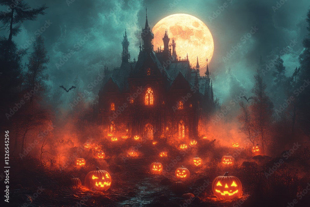 Haunted House with Glowing Jack-o-Lanterns Under Full Moon and Eerie Trees Haunted House with Glowing Jack-o-Lanterns Under Full Moon and Eerie Trees