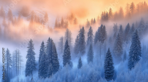 Wallpaper Mural Snow-covered evergreen trees on a mountain peak at sunrise, overlooking misty clouds and frosty wilderness.

 Torontodigital.ca