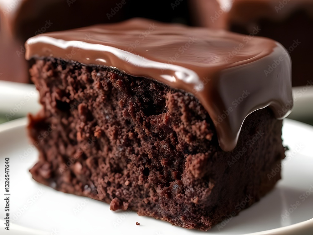 Delicious Close-Up of Chocolate Cake with Chocolate Glaze on a White Plate, Dessert, Food Photography. Delicious Close-Up of Chocolate Cake with Chocolate Glaze on a White Plate, Dessert, Food Photography.
