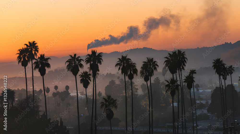 Obraz premium Sunset over the mountains and river with tropical palm trees and ocean in the background