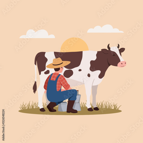 Farmer Milking Cow in Pasture at Sunrise Cartoon Illustration