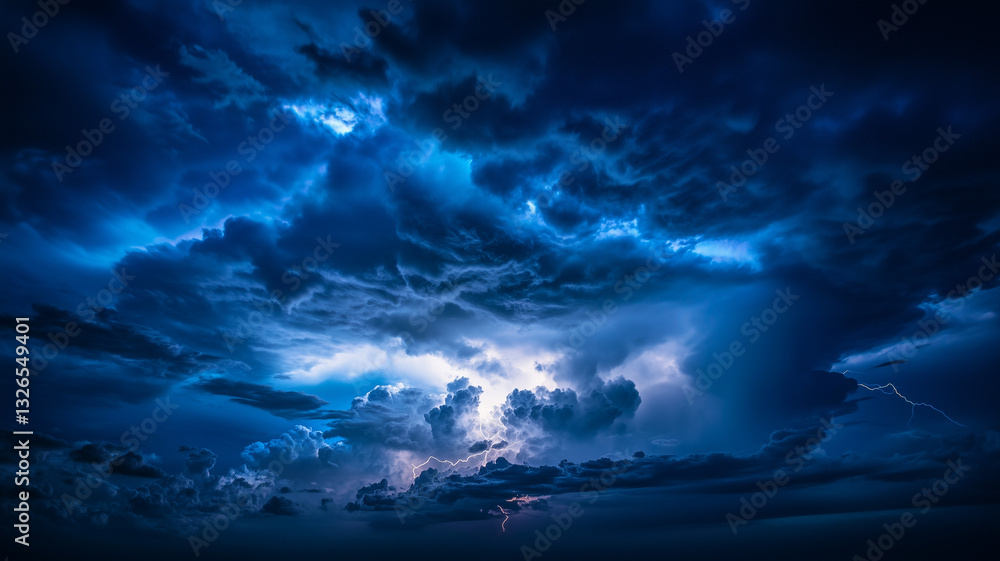 Fototapeta premium A thunderstorm brewing in the dark blue sky, dark clouds building up, with flashes of lightning illuminating the night. Rain begins to fall in sheets as the sky glows with the energy of an approaching