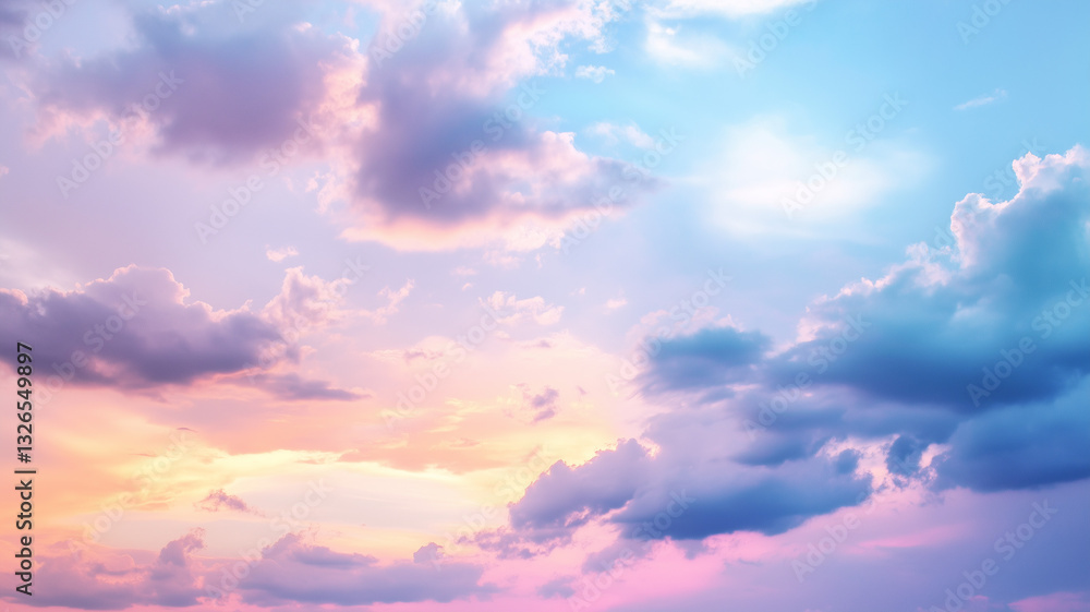 A vast sky at twilight, adorned with a gentle mix of blue, purple, and soft white clouds. The sun’s final golden rays peek through, illuminating the pastel hues of the evening, evoking a feeling of A vast sky at twilight, adorned with a gentle mix of blue, purple, and soft white clouds. The sun’s final golden rays peek through, illuminating the pastel hues of the evening, evoking a feeling of