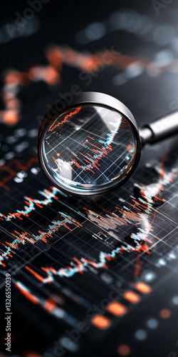 Conceptual image of magnifying glass hovering over detailed financial charts and graphs
