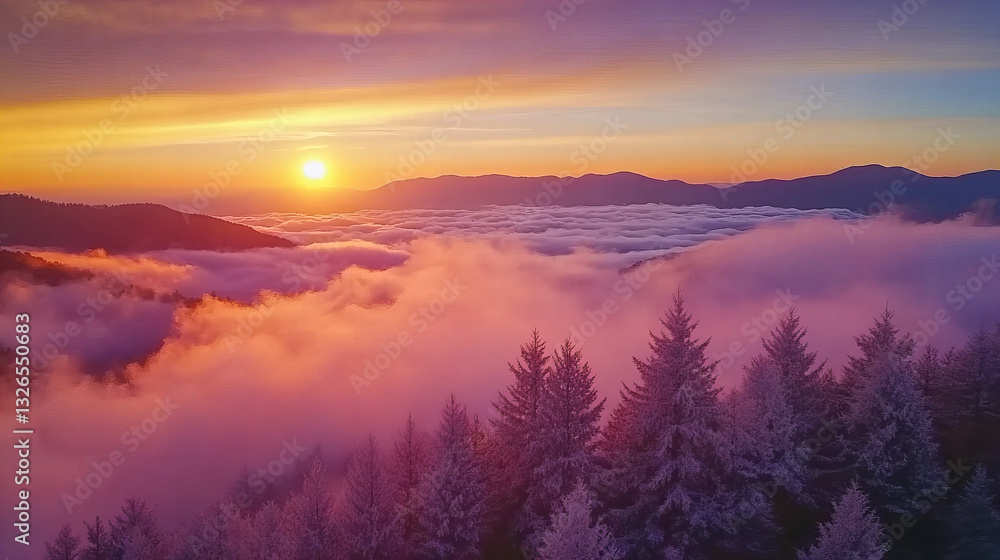 Snow-covered evergreen trees on a mountain peak at sunrise, overlooking misty clouds and frosty wilderness.
Snow-covered evergreen trees on a mountain peak at sunrise, overlooking misty clouds and frosty wilderness.