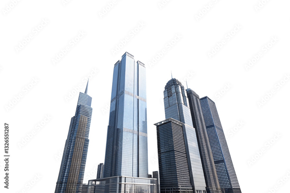 Naklejka premium A group of skyscrapers with a metallic blue finish, one with twin towers, and others showcasing unique spires, creating a powerful, modern architectural composition, isolated on transparent background
