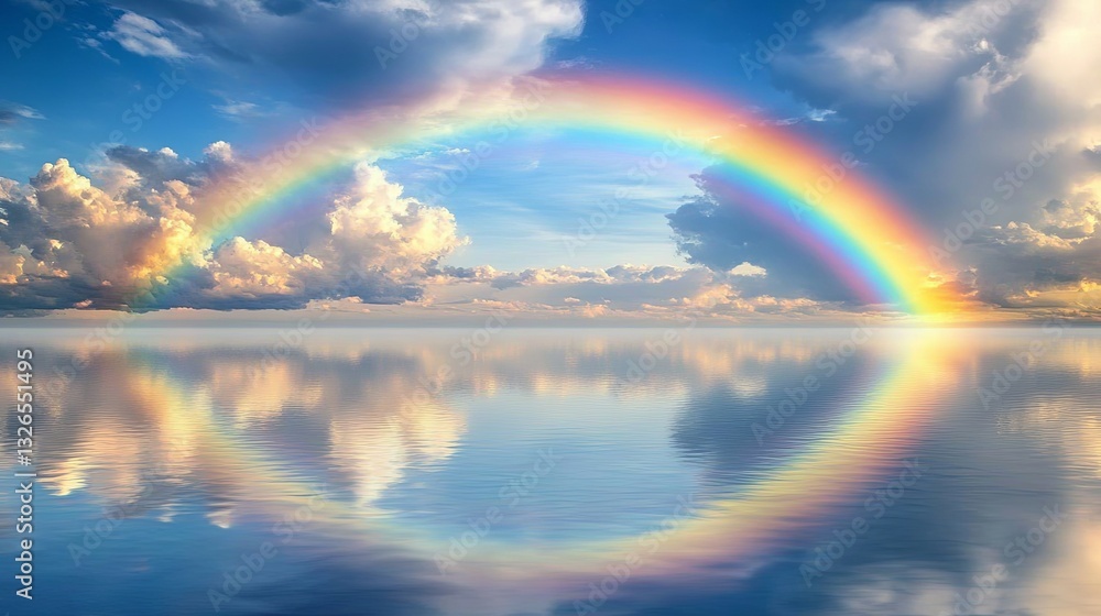 A bright rainbow arching over a calm lake, with reflections on the water. picture A bright rainbow arching over a calm lake, with reflections on the water. picture