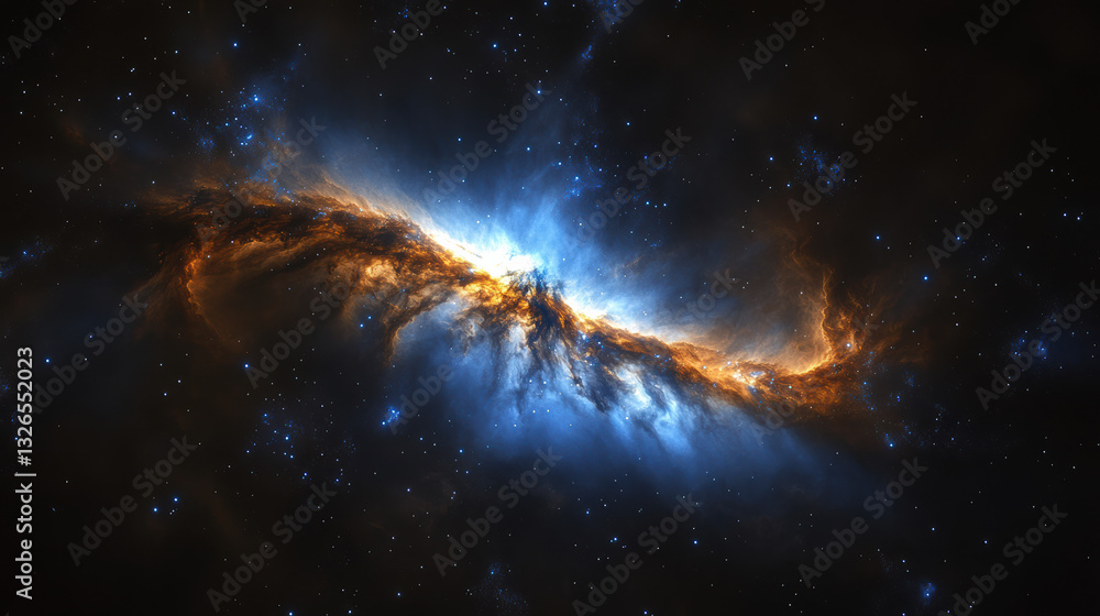 Naklejka premium A galactic phenomenon resembling a towering celestial peak, flowing gaseous streams of blue and amber, radiant against a single-tone cosmic expanse