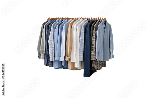 Wallpaper Mural A neatly arranged row of dress shirts in neutral, blue, and plaid patterns hang on wooden hangers, creating a harmonious blend of textures and colors, isolated on a transparent background Torontodigital.ca