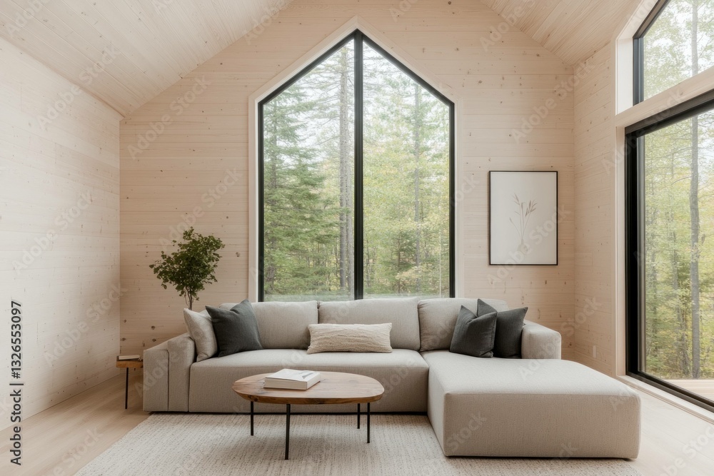 Fototapeta premium Cozy modern living room with large windows overlooking a serene forest, featuring a light beige sectional sofa and minimalist decor for a tranquil atmosphere