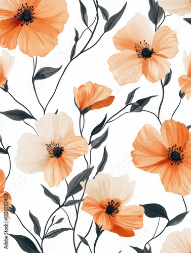 floral pattern with complimentary colours of green brown and yellow with a black outline and keep it minimalistic