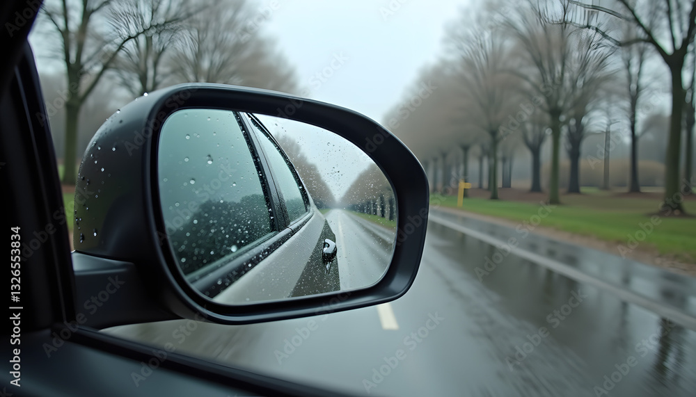 Water droplets on a car's side mirror reflecting a rainy road scene Water droplets on a car's side mirror reflecting a rainy road scene