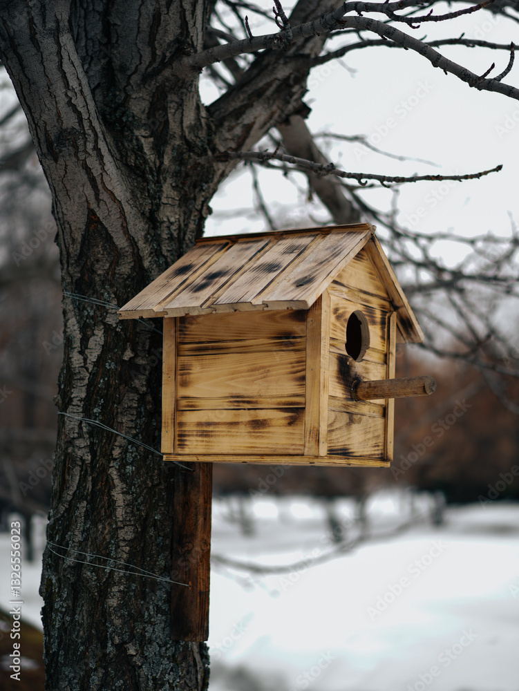 wooden birdhouse on the tree in the spring park on the white snow background wooden birdhouse on the tree in the spring park on the white snow background