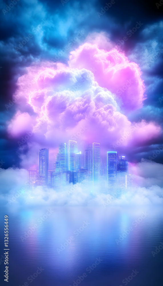 Fototapeta premium Neon city on a cloud, vibrant colors, dramatic sky