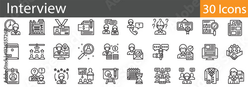 Interview Line Icons Set. Collection of 30 outline icons representing job interviews, HR discussions, and recruitment processes. Editable stroke vector illustration.