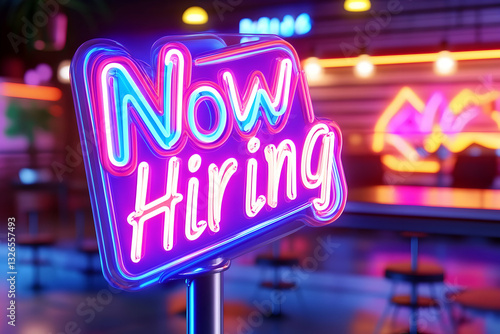 Neon sign advertising job openings in a trendy cafe