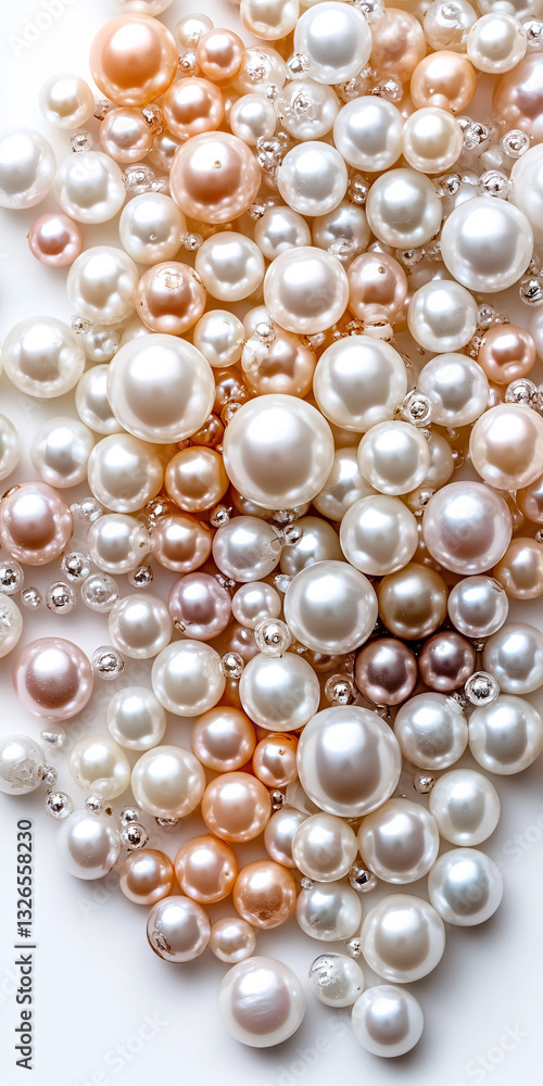 Luxurious arrangement of varied white and peach pearls with metallic beads on white background
Luxurious arrangement of varied white and peach pearls with metallic beads on white background