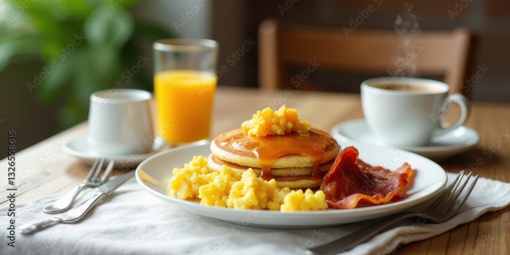 A delightful breakfast plate featuring fluffy pancakes drizzled with syrup, alongside savory scrambled eggs and crispy bacon, accompanied by a glass of orange juice and a steaming cup of coffee. A delightful breakfast plate featuring fluffy pancakes drizzled with syrup, alongside savory scrambled eggs and crispy bacon, accompanied by a glass of orange juice and a steaming cup of coffee.