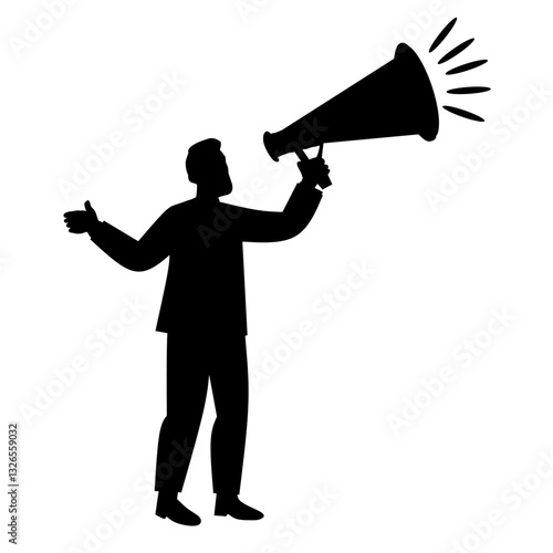 Silhouette of a man shouting through a megaphone. Concept of public announcement, protest, speech, leadership, or motivation. Isolated black vector illustration.