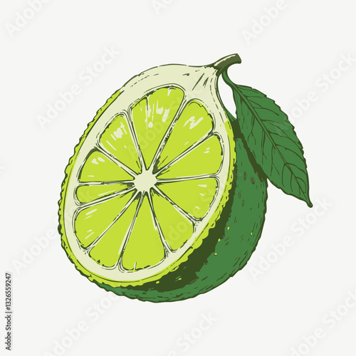 Halved lime with leaf illustration. Vector image