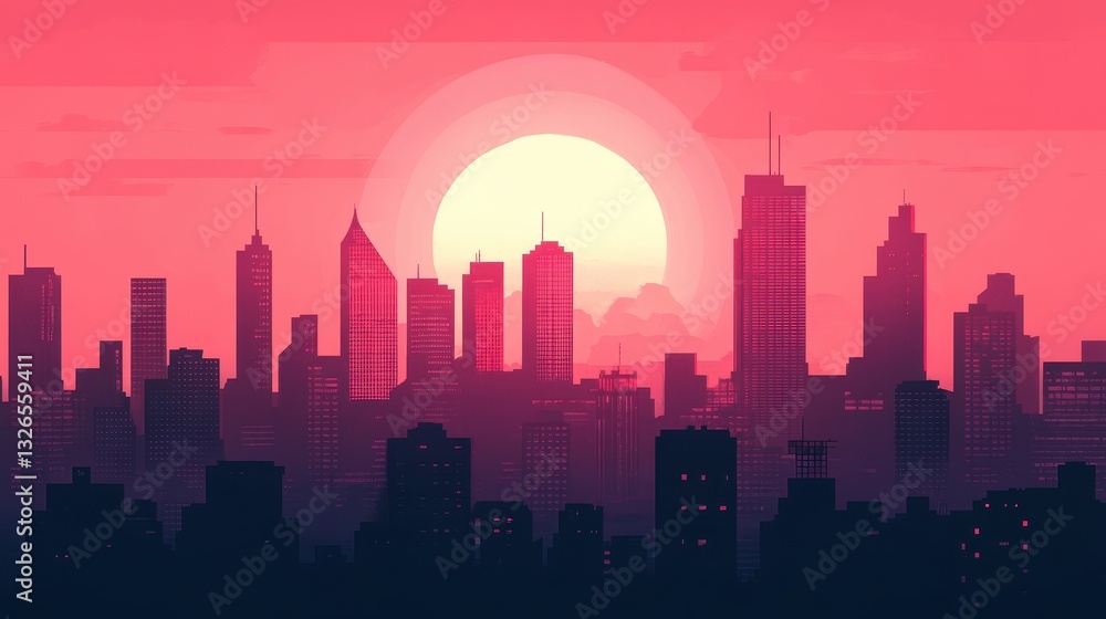 A minimalistic cityscape silhouetted against a vibrant setting sun backdrop A minimalistic cityscape silhouetted against a vibrant setting sun backdrop