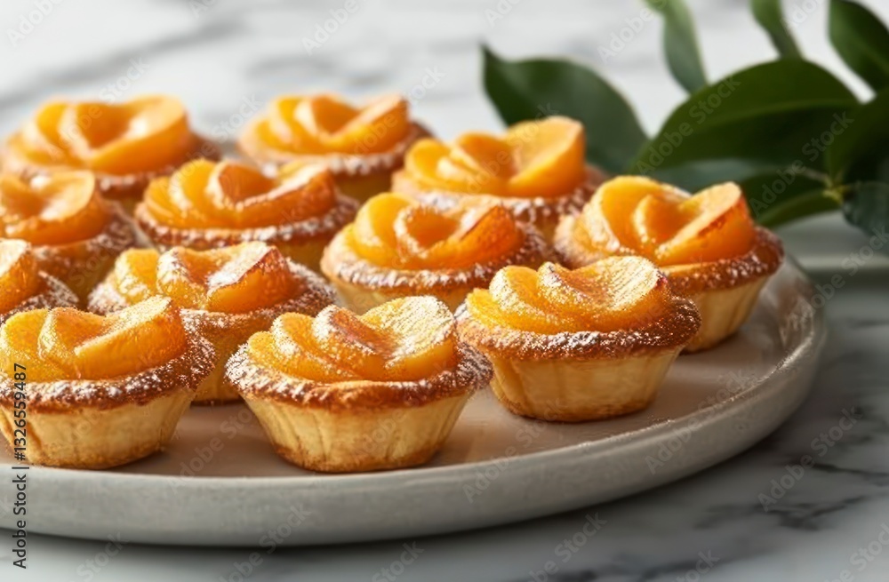 Delicious Peach Tarts on Plate with Powdered Sugar Ready to Eat Delicious Peach Tarts on Plate with Powdered Sugar Ready to Eat