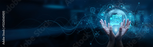 Photos Hand man holding of global technical support network connection, help desk system maintenance troubleshooting, software hardware solutions expertise remote assistance