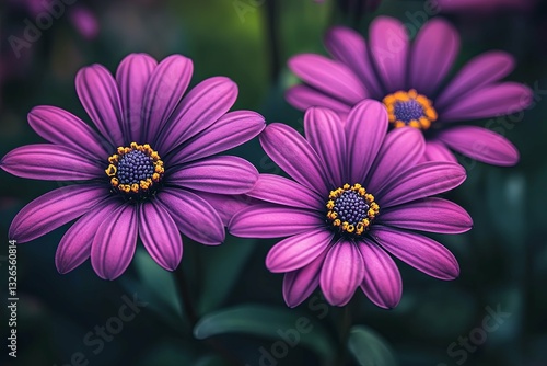 Three beautiful purple flowers with yellow and dark centers are featured